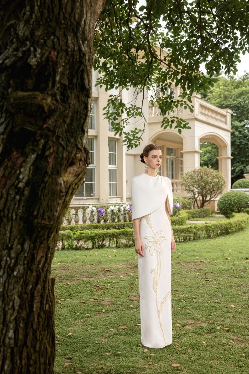 Ivory Pearl Cape Maxi Gown