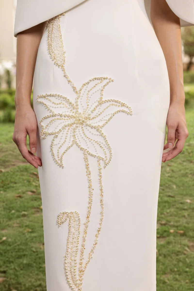 Ivory Pearl Cape Maxi Gown