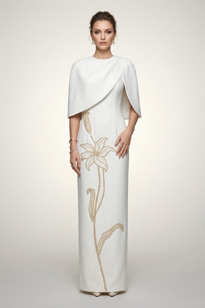 Ivory Pearl Cape Maxi Gown