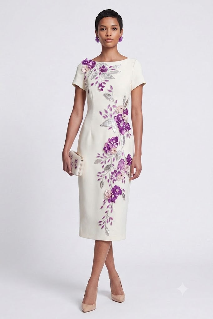 A woman models a knee-length cream dress with purple floral embroidery and gray leaf accents. She is holding a small beige clutch and wearing beige heels against a light gray studio background.