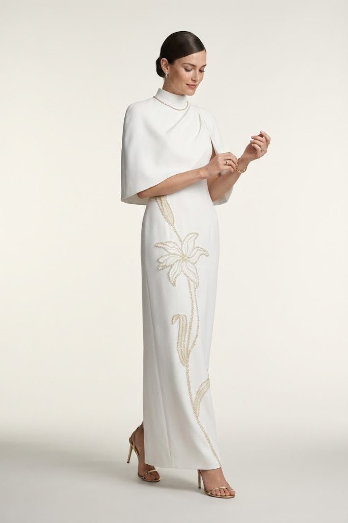 Ivory Pearl Cape Maxi Gown
