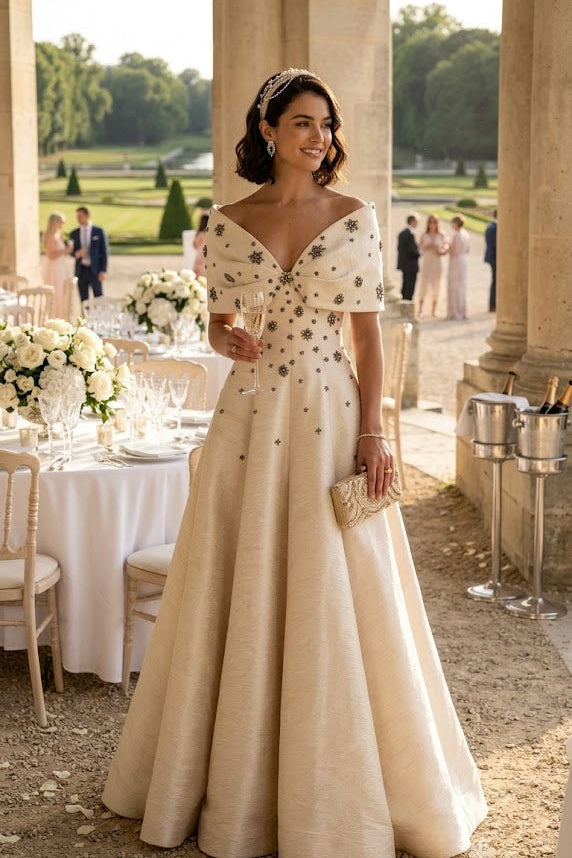 A woman stands in a grand outdoor pavilion wearing an elegant off-the-shoulder A-line gown in warm ivory or cream with scattered dark embroidered floral details. She holds a small metallic clutch and wears a tiara, with tables, flowers, and guests visible in the background.
