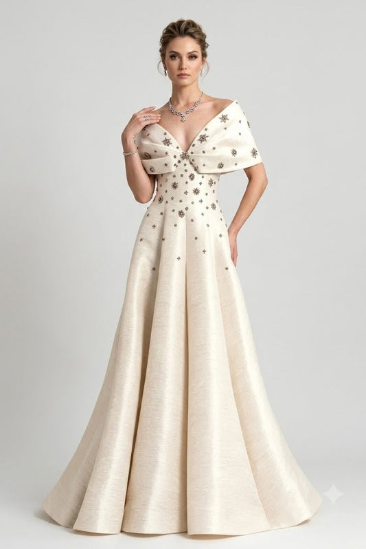 A woman models a floor-length off-the-shoulder evening gown in a warm cream or champagne tone with scattered metallic star embellishments. The dress features a deep V-neckline, structured shoulder bows, and a full A-line skirt, photographed against a neutral light gray studio background.