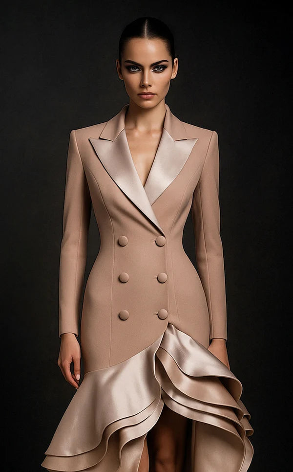 Nude Ruffle Blazer Maxi Dress