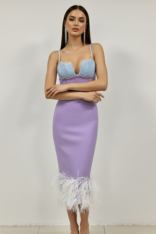 Strapless Feather Pearl Floor-Length Bandage Dress