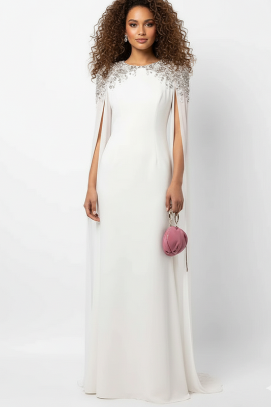 Woman wearing a white dress with lace details on a white background