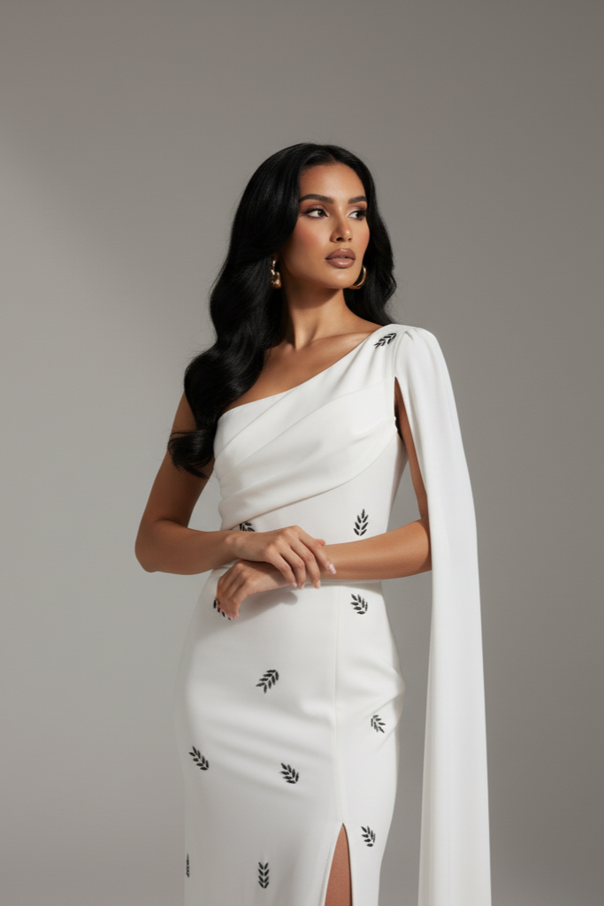Woman wearing a white saree with black patterns on a gray background
