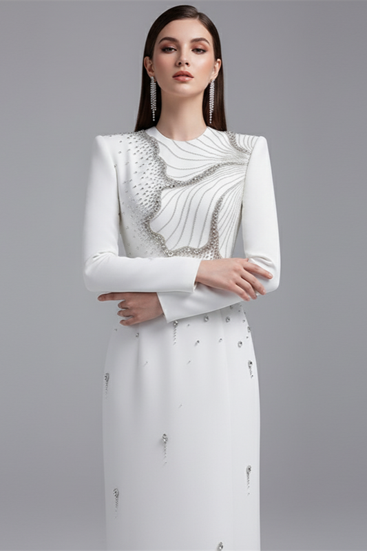 Althea White Crystal Beaded Evening Gown