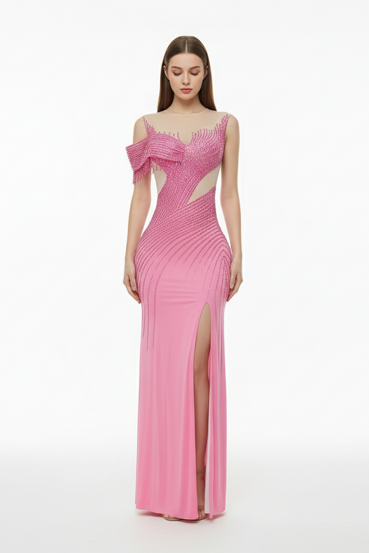 One-Shoulder Diamond High Slit Evening Gown
