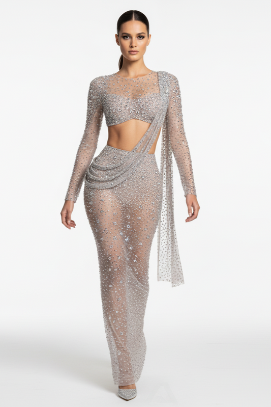 Sylvara Silver Rhinestone Two-Piece Gown