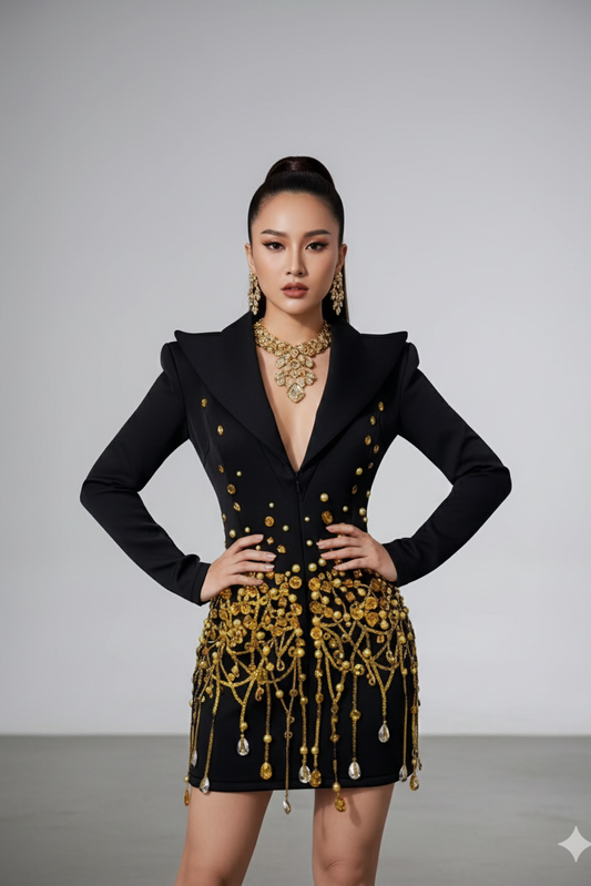 Bead Fringe Black Blazer Dress