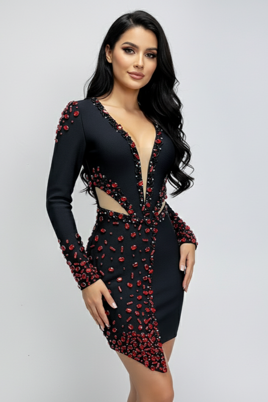 Beaded Long Sleeve Midi Dress