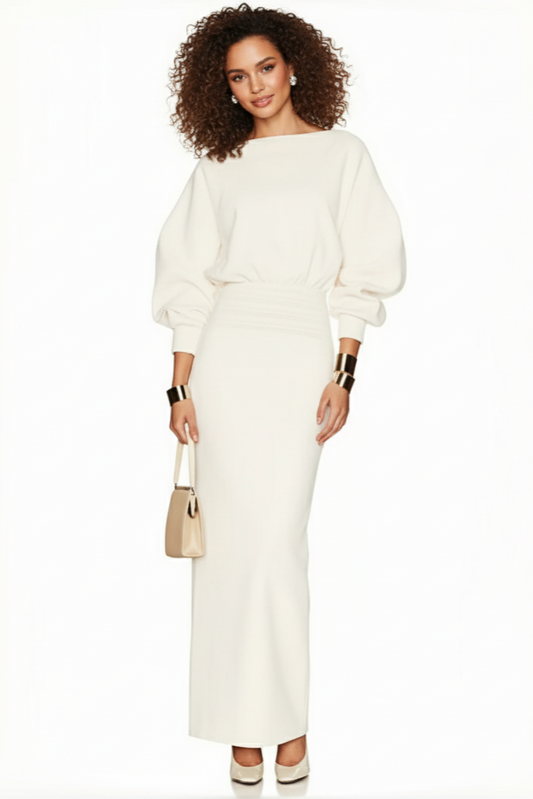 Isolde White Puff Sleeve Midi Dress