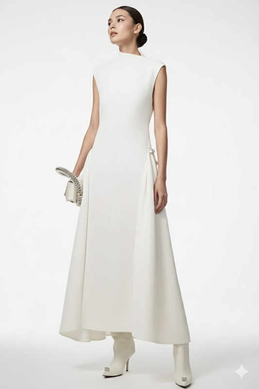 Woman wearing a white dress on a white background