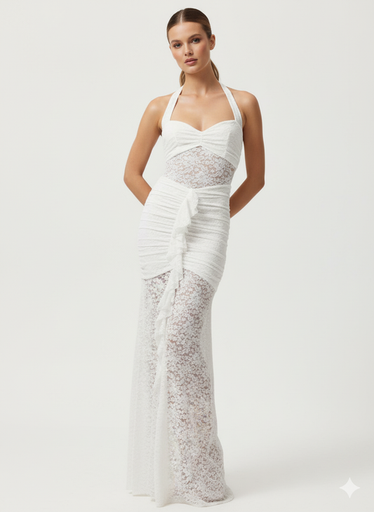 Avelina Halter Mesh Backless Maxi Dress