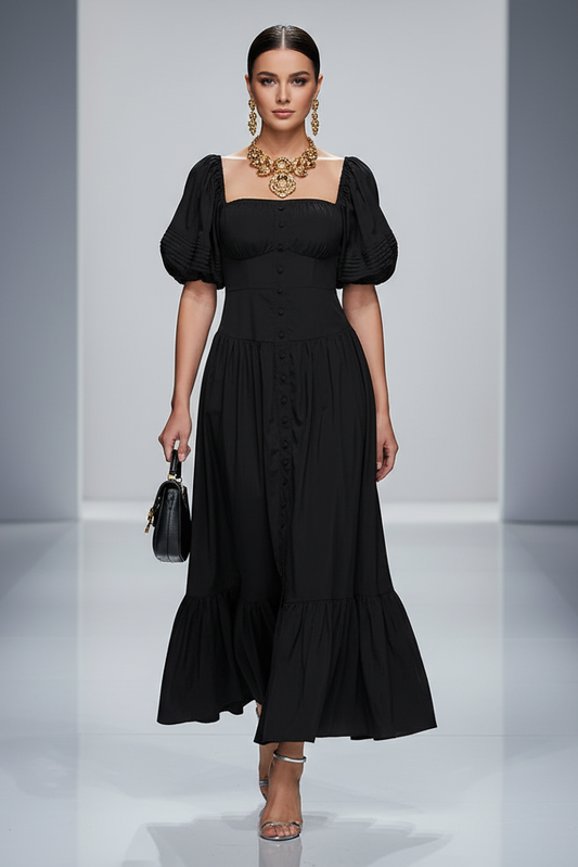 Puff Sleeve A-Line Maxi Casual Dress