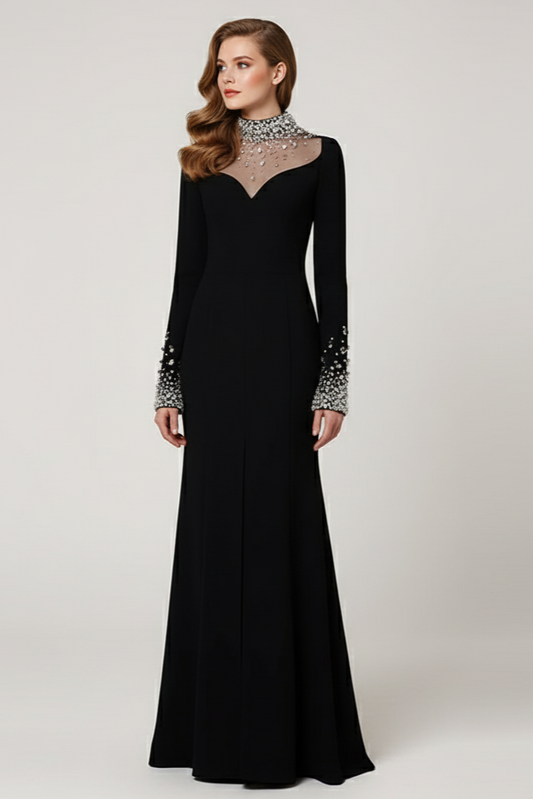 Custom Design Black Crystal-Beaded Evening Gown