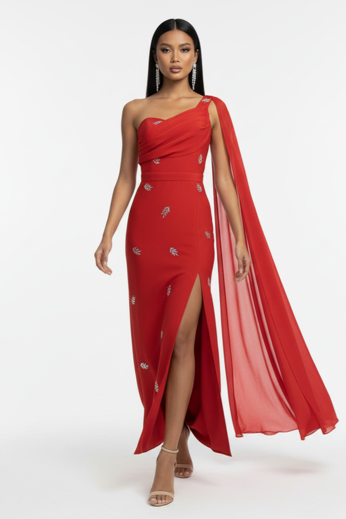 Woman wearing a red one-shoulder dress with a sheer overlay on a white background