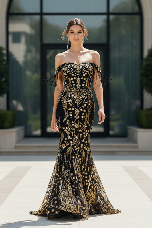 Woman in an elegant black and gold dress standing on a pathway with greenery and a building in the background.