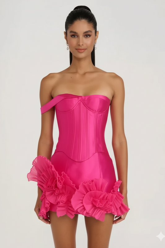 Woman wearing a bright pink strapless dress with floral details on a white background
