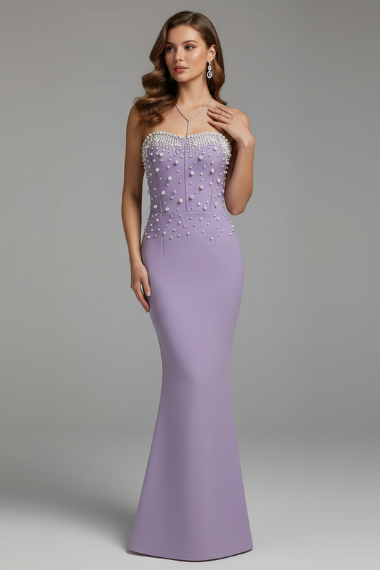Pearl-Embellished Floor-Length Bandage Dress