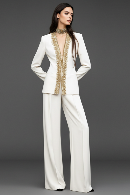 Woman wearing a white outfit with gold embroidery on a gray background