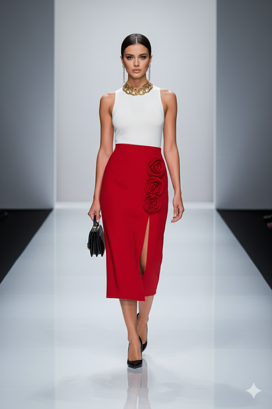 Riviera Red 3D Floral Maxi Skirt