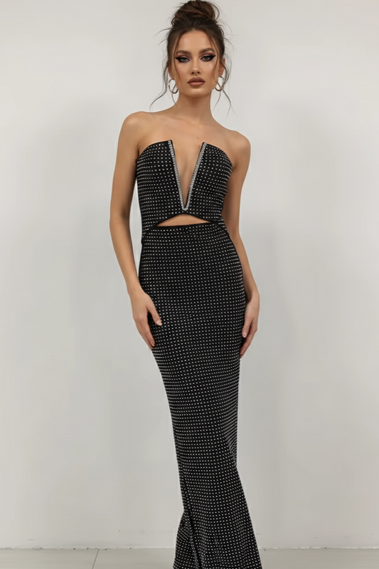 Elara Beaded Strapless Black Bandage Gown