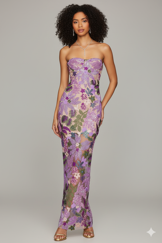 Marcelle Embroidered Strapless Mesh Gown