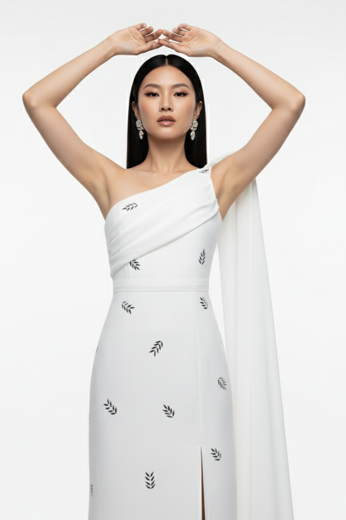 Woman wearing a white one-shoulder dress with black floral embroidery on a white background