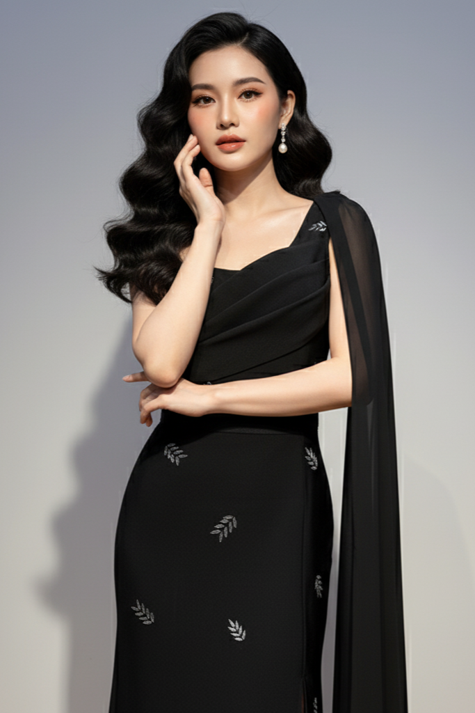 Woman wearing a black dress with sheer sleeves against a gray background