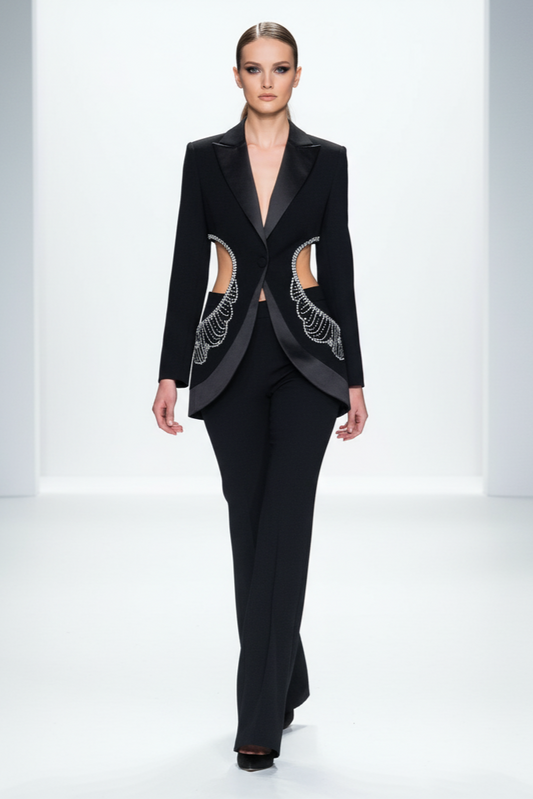 Model wearing a black suit with intricate designs on a white background