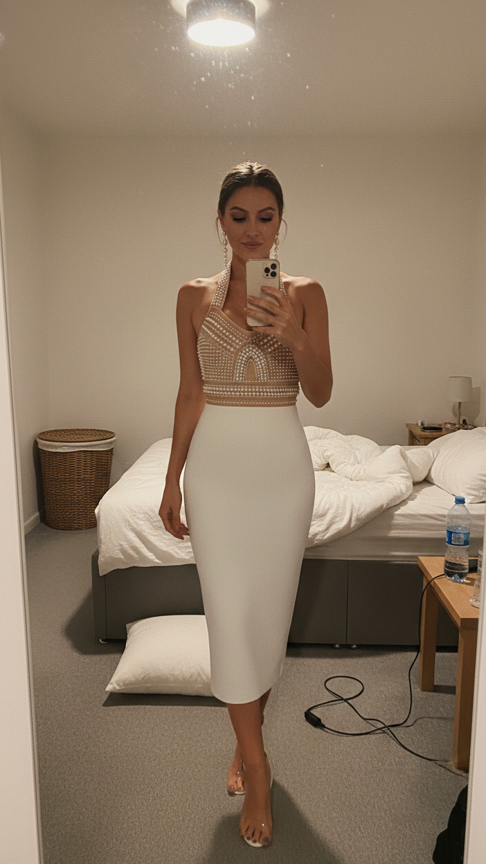 Woman taking a mirror selfie in a bedroom wearing a beige top and white skirt.