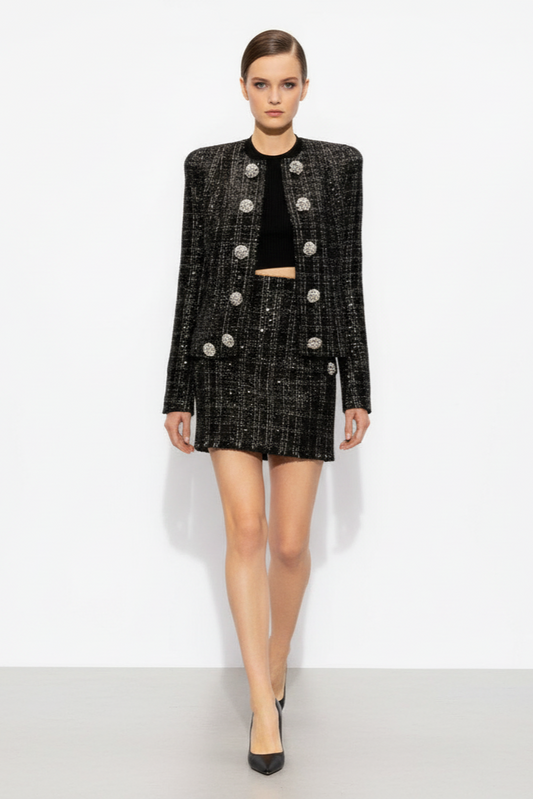 Astrid Noir Rhinestone Tweed Blazer & Mini Skirt Set