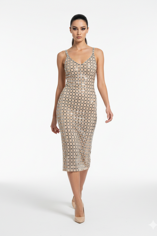 Aurelia Noir Silver Rhinestone Grid Maxi Dress