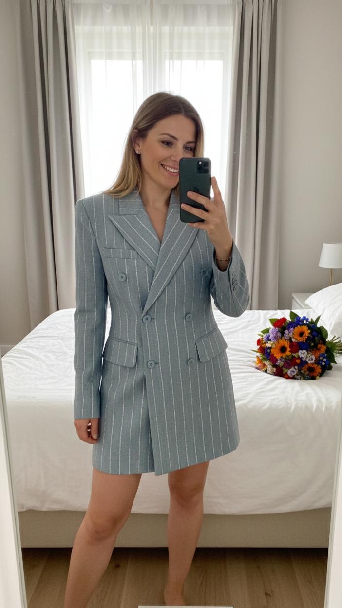 Woman taking a mirror selfie wearing a striped blazer dress in a bedroom.