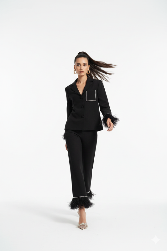 Women’s Black Satin Suit with Feathers