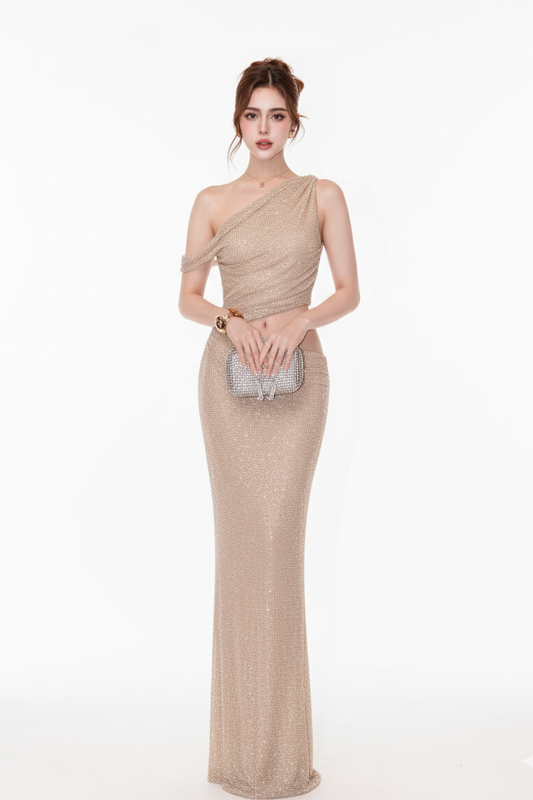 Stellar One-Shoulder Rhinestone Gown