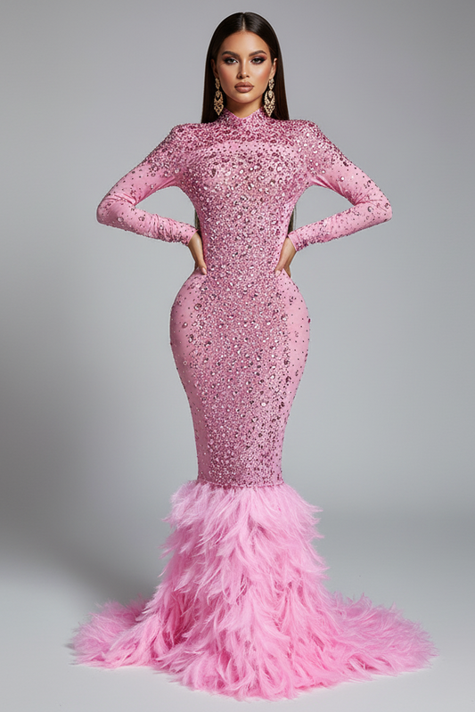Luxury Pink Feather Crystal Evening Gown