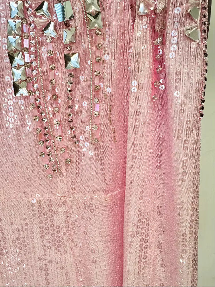 Aveline Pink Sequin Long Sleeve Evening Gown