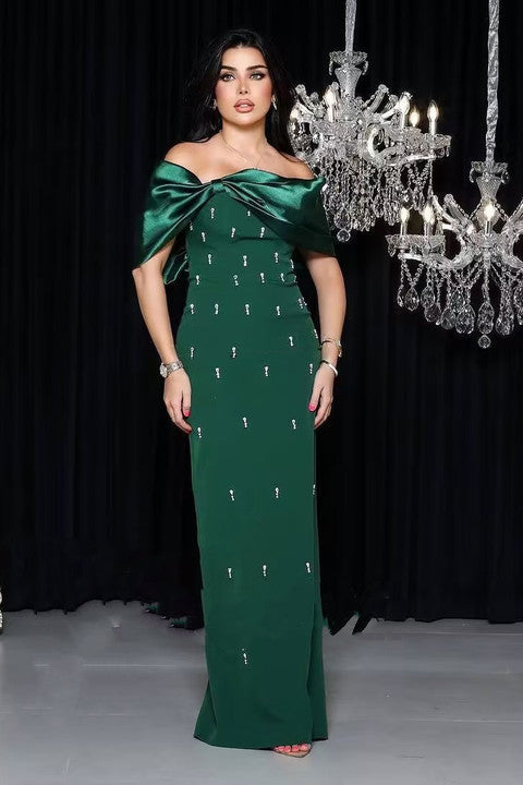 Luxury Off the Shoulder Black Bow Beaded White Mermaid Evening Dresses Long Formal Bandage Dress Event Party Gown for Women