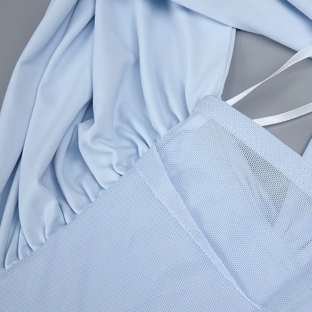 Serenya Sky Blu Fringe Mesh Maxi Gown