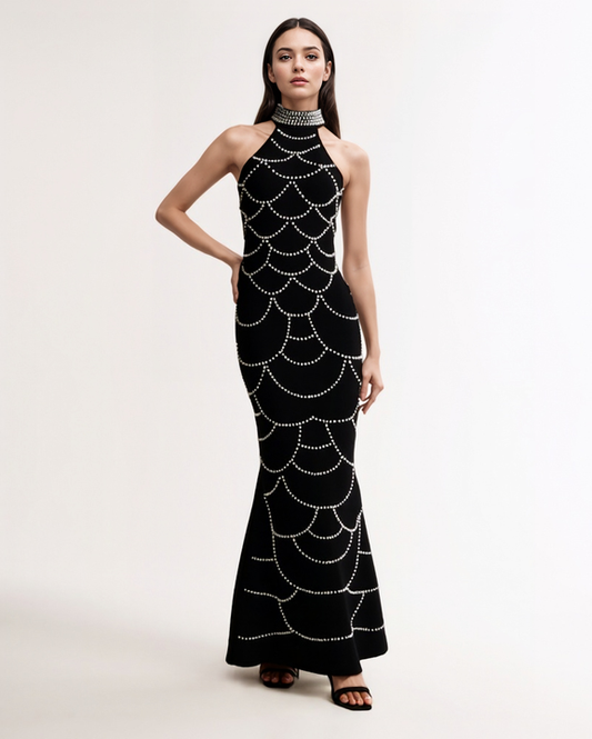 Custom Pearl Halter Maxi Dress Elegant Mermaid Long Black Evening Gown Bodycon Prom Dresses Women Party Clothing Manufacturer