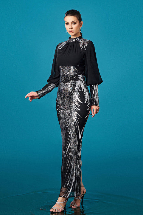 Elegant Black Long Sleeve Sequin Dress Women High Neck Bodycon Floor Length Party Gown Luxury Formal Banquet Evening Dresses