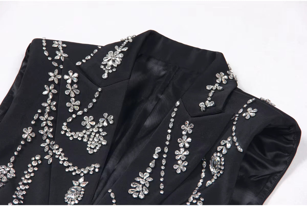Rhinestone Deep V Sleeveless Cropped Blazer Vest