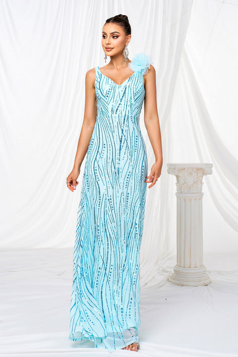 Wholesale Dropshipping Elegant Women Light Blue Sequin Maxi Party Dress V Neck Formal Long Gown Evening Dresses