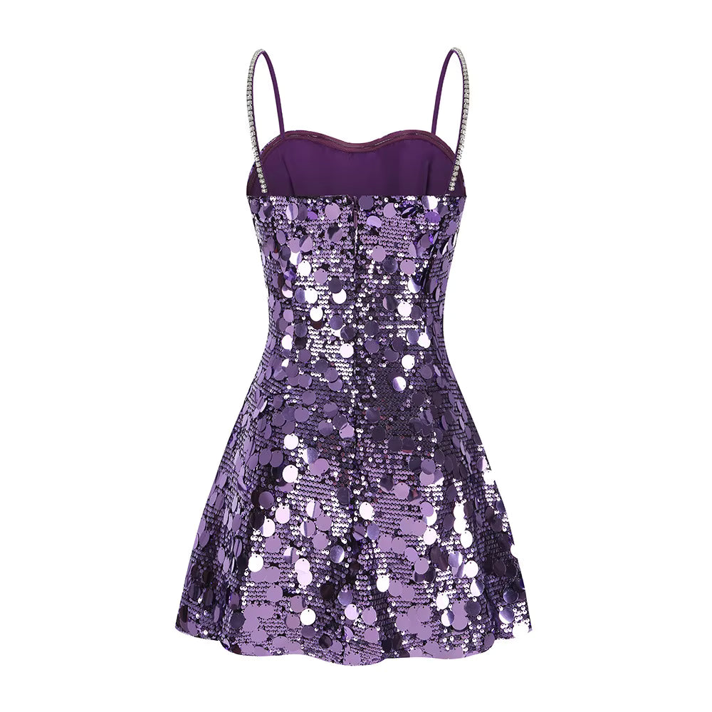 Purple sequin dress with thin straps on a white background