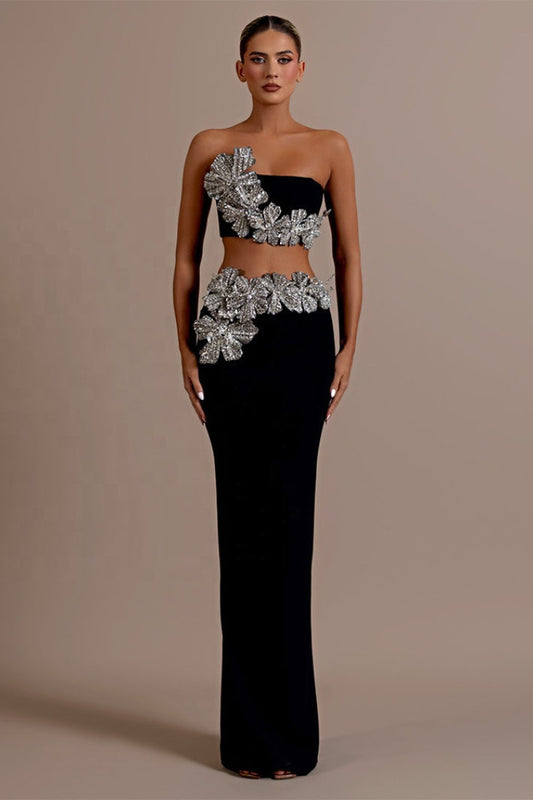 Luxury Sexy Bandage Dress 2-Piece Sets Shiny Diamonds Flower Strapless Evening Party Dresses Set for Woman
