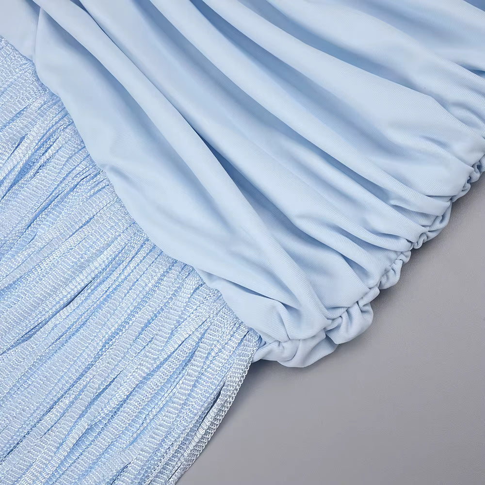 Serenya Sky Blu Fringe Mesh Maxi Gown