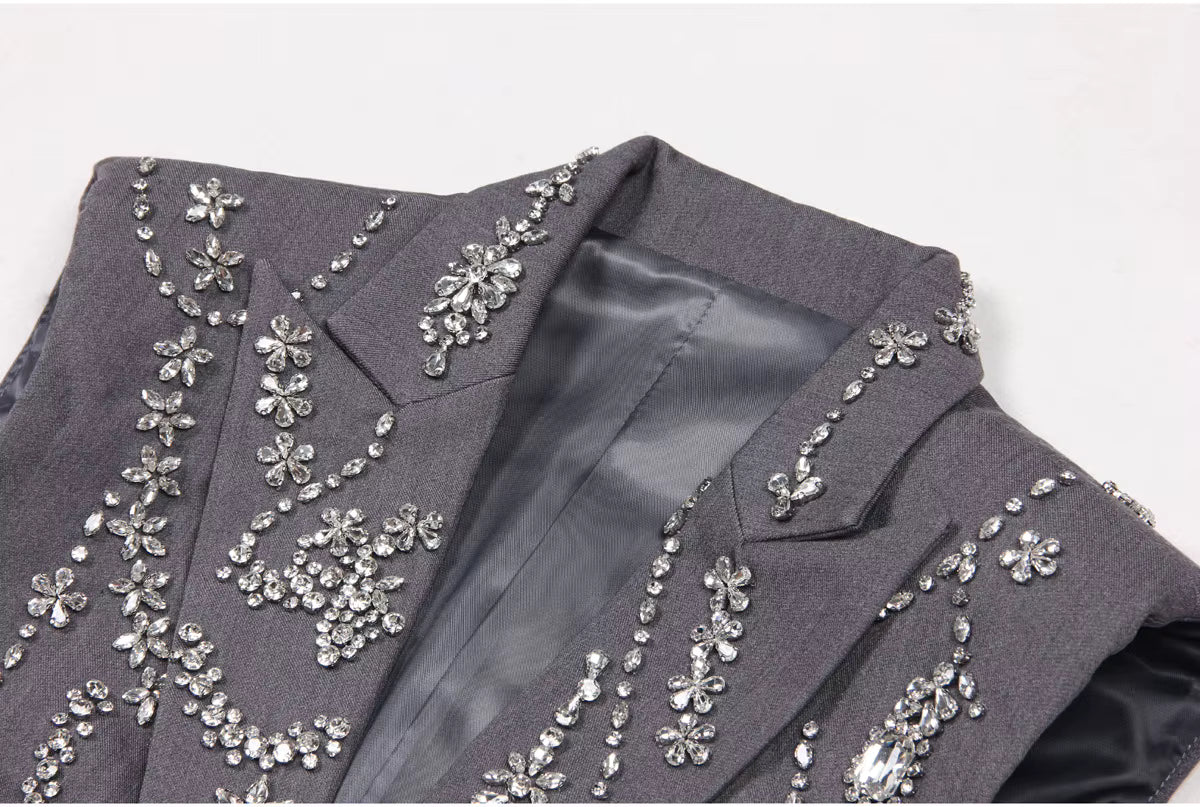 Rhinestone Deep V Sleeveless Cropped Blazer Vest